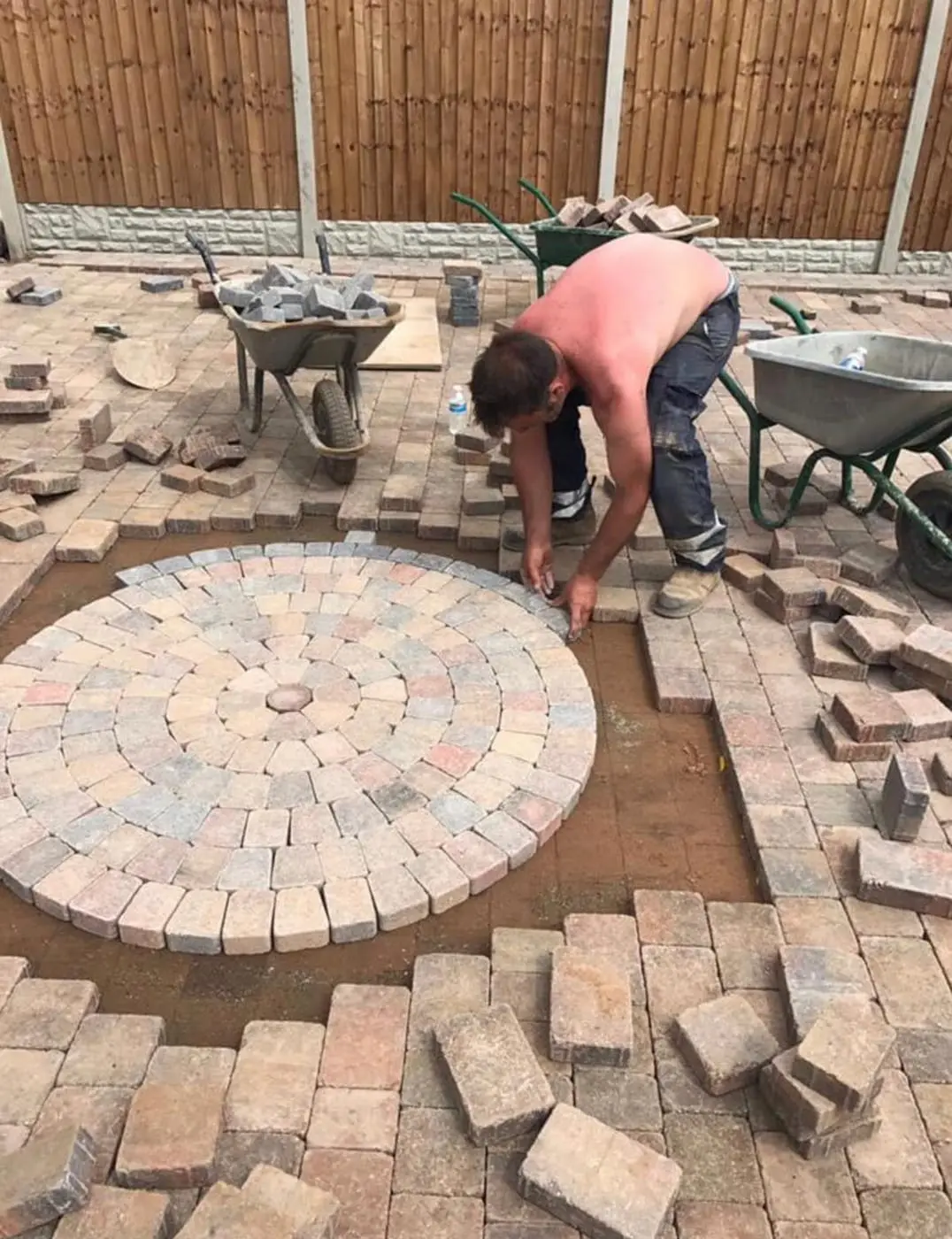 Circular block paving feature being set out and laid by hand